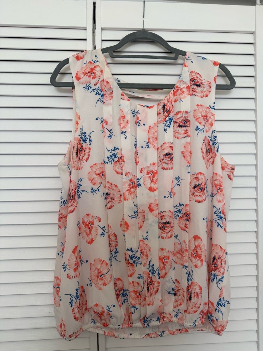 Anthropologie Cream Sleeveless Blouse with Coral and Blue Floral Print